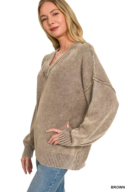 Washed Deep V-neck Oversized Sweater 5547943f535e4e869e18853f517274f7-Max-Origin
