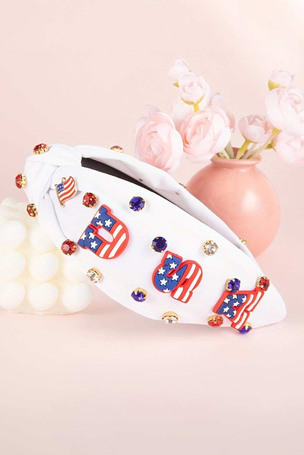 White USA Flag Gemstone Decor Knotted Wide Headband 554b655005cbe21e
