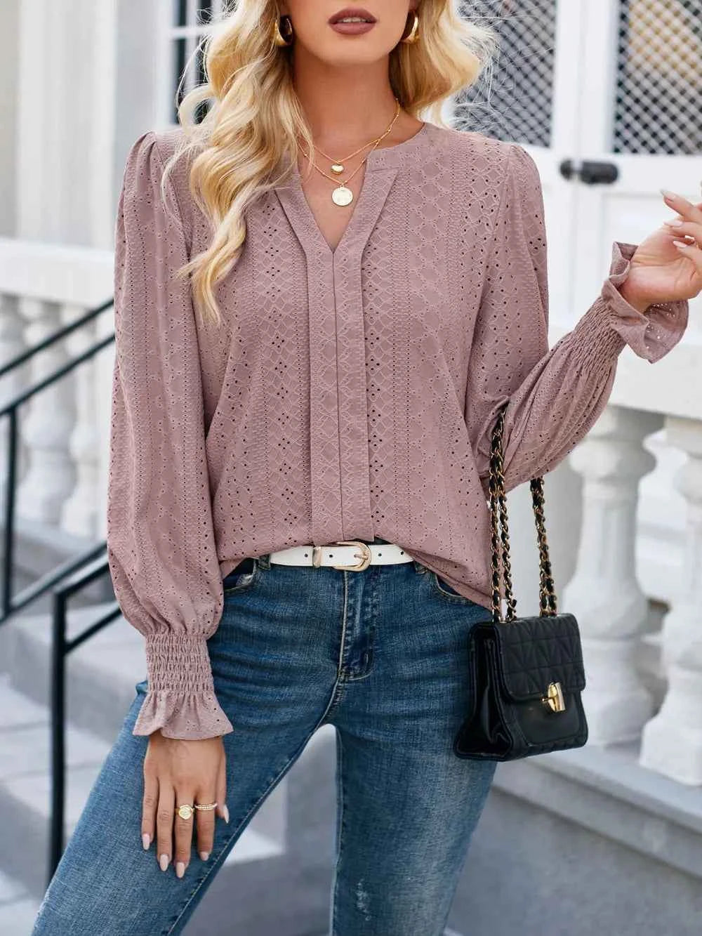 Lovelet Eyelet Notched Flounce Sleeve Blouse 5550f681-6c32-4725-a37d-768a495943c5-Max
