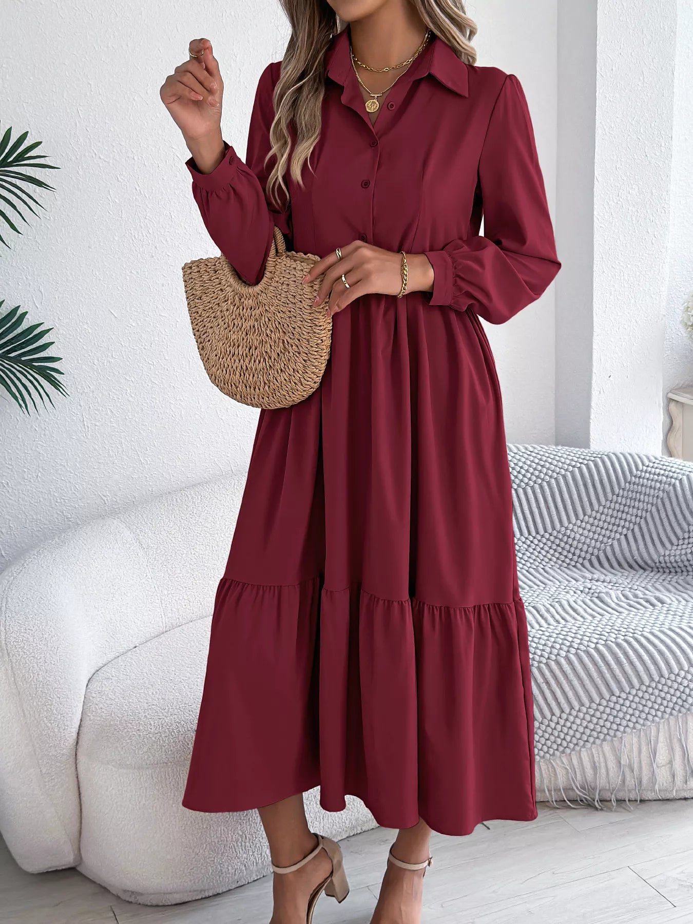 Long Sleeve Tiered Button Front Midi Dress 5551c95aaecc4d1d97affab624dd45f3-Max-Origin