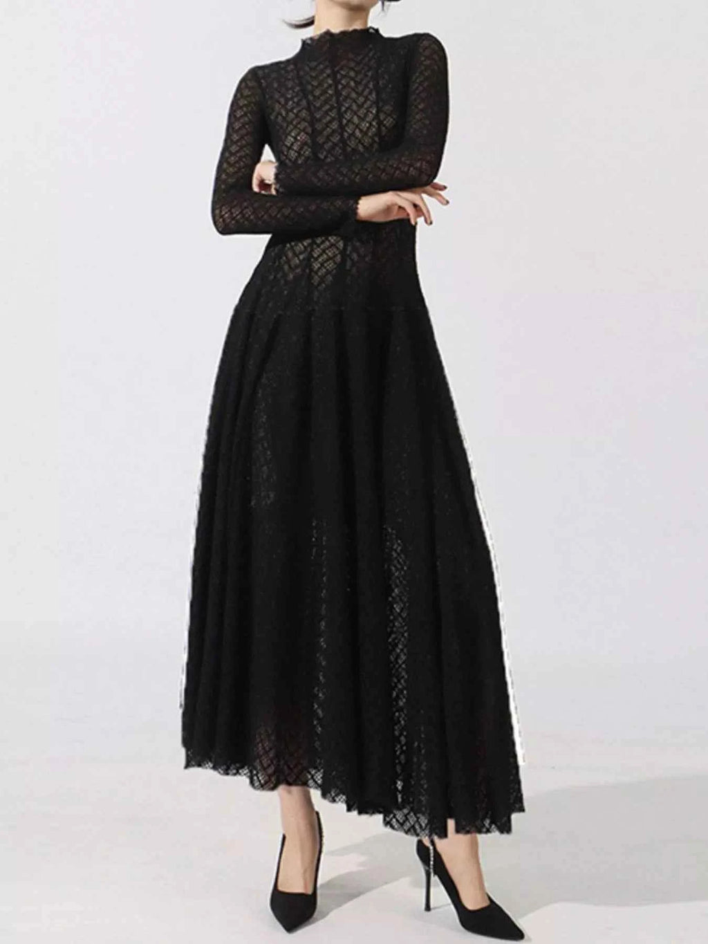 Lace Mock Neck Long Sleeve Dress Black One Size 555799b9-ea37-4e19-b988-bbfa0ee657d6-Max-Origin