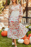 Floral V-Neck Ruffle Long Sleeve Midi Dress Khaki 555c212f-f5c8-4957-88d1-c8072d4cee9f
