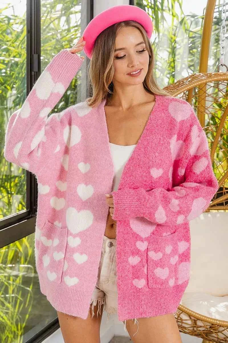 BiBi Heart Color Block V-Beck Knit Cardigan with Pockets 55689b994c8a4d7b9c1d312e66a2a8d7-Max-Origin