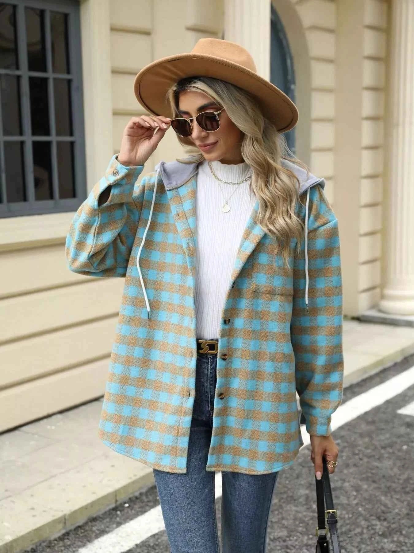 Plaid Button Up Long Sleeve Drawstring Hooded Jacket 556c894acec340d28654ecd2e133ea58-Max-Origin