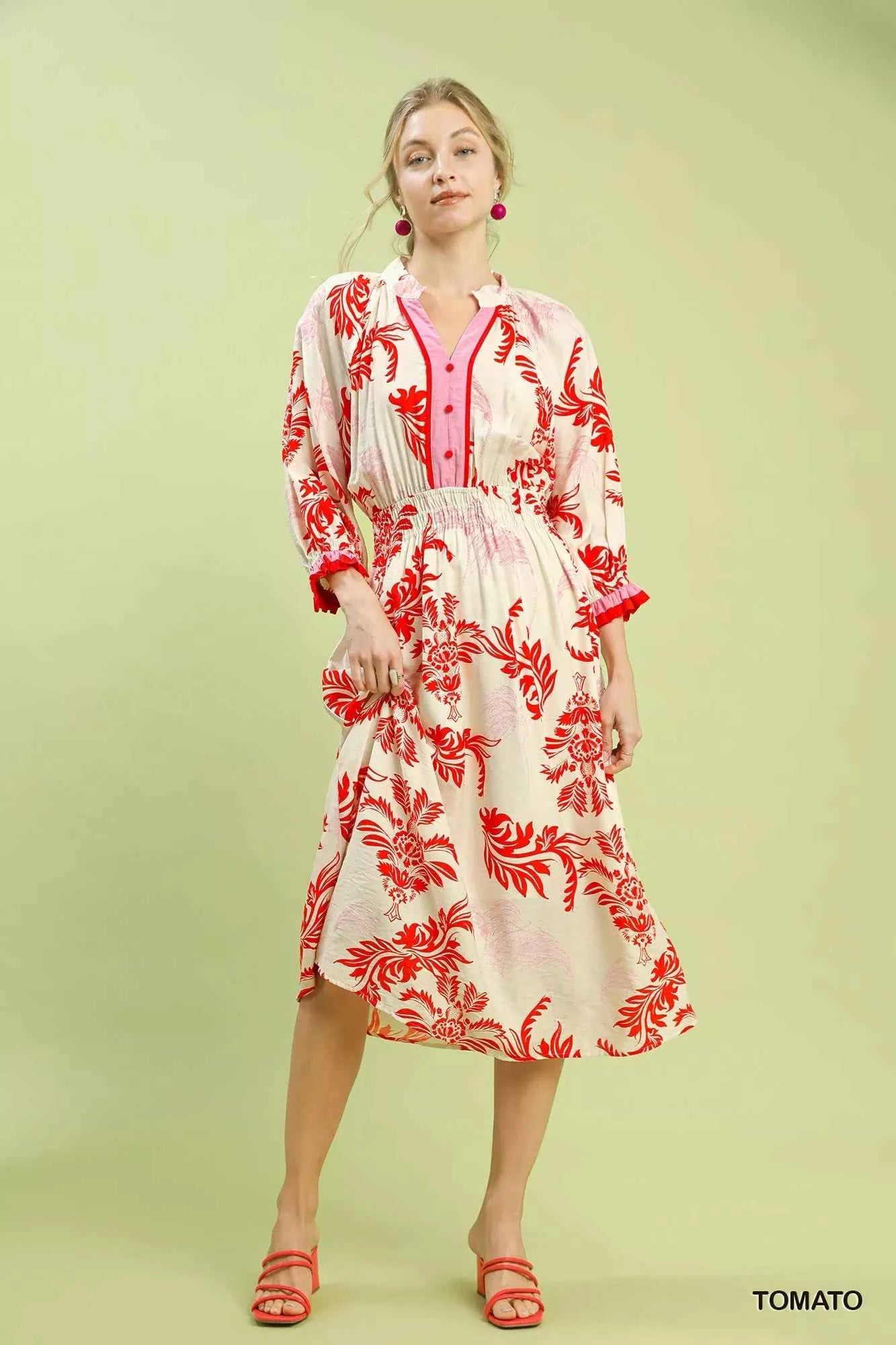 Umgee Tropical Print Button Detail Midi Dress TOMATO 556d1b57-3724-4eaf-9d2a-2d30054a9570-Max-Origin