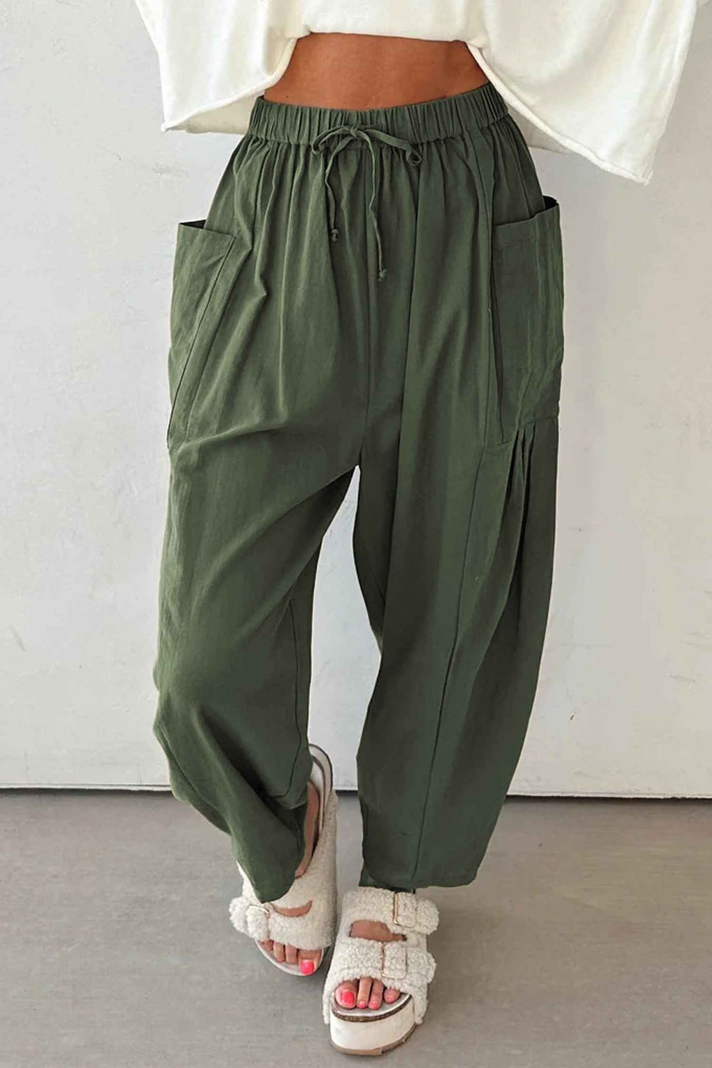 Jungle Green Drawstring Elastic Waist Patch Pocket Barrel Leg Casual Pants 5570a7f7e4a60cbd