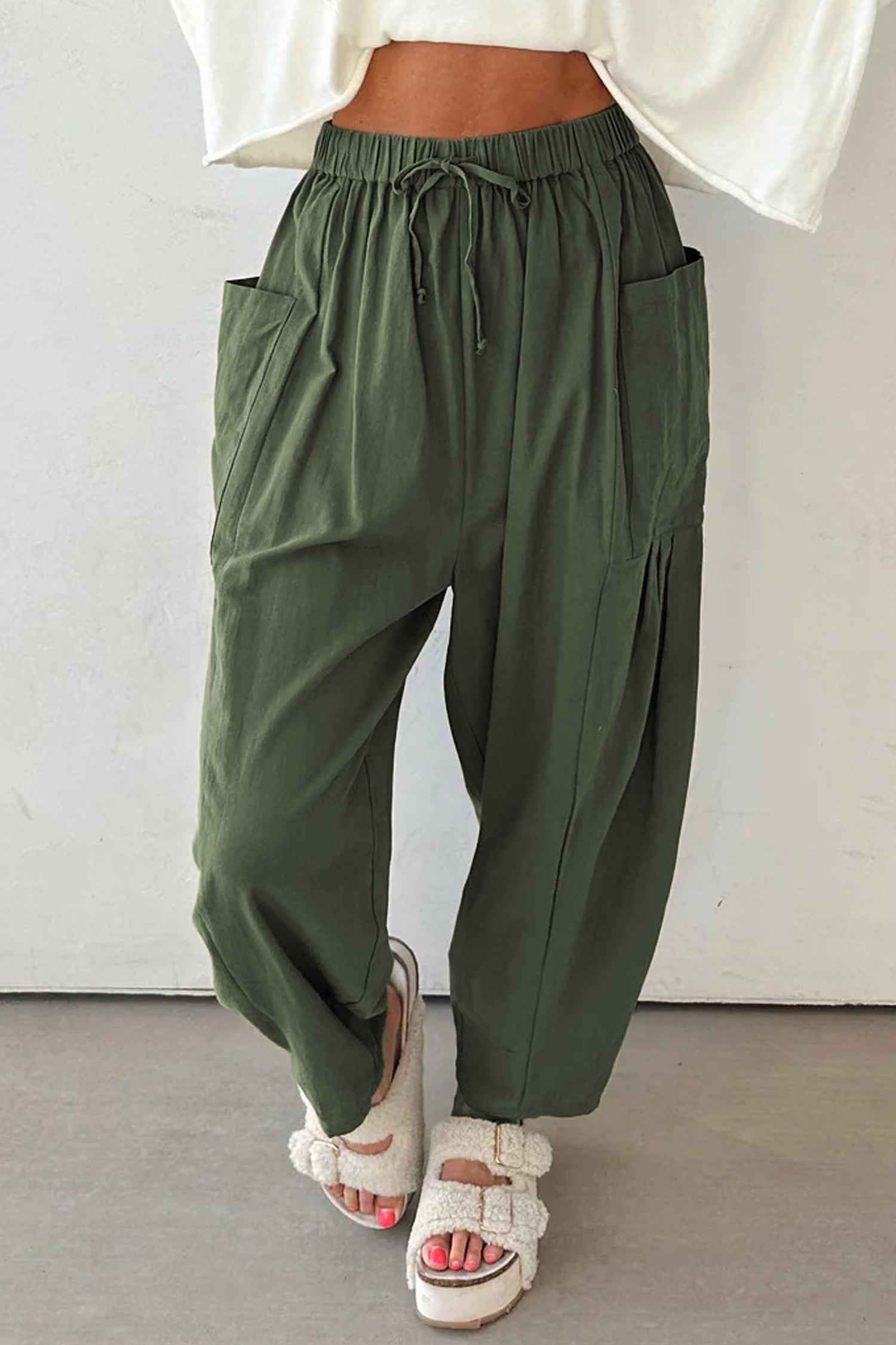 Jungle Green Drawstring Elastic Waist Patch Pocket Barrel Leg Casual Pants 5570a7f7e4a60cbd