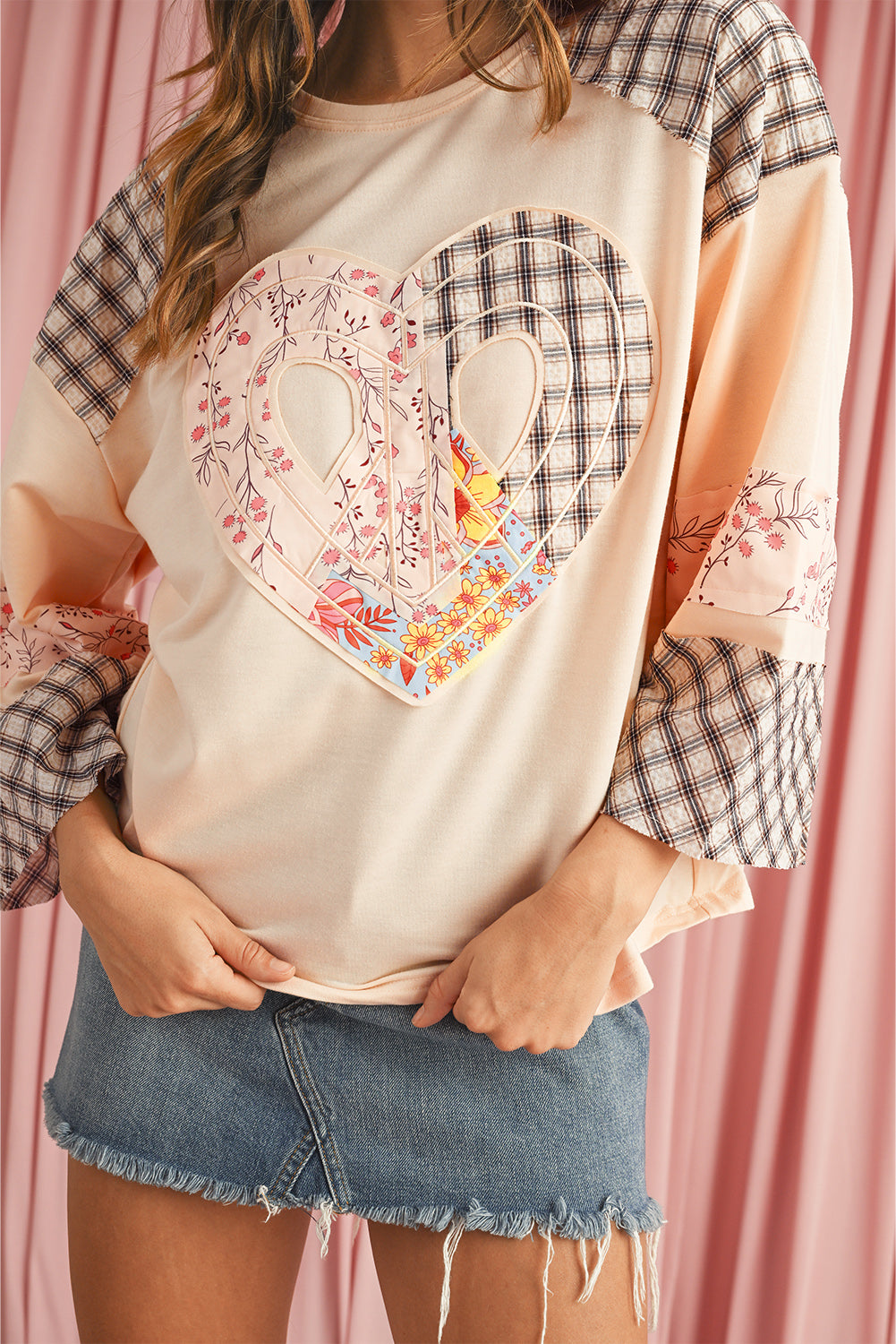 Aqua Plaid Floral Patchwork Heart Long Sleeve Top 55731162cb9d4ad9