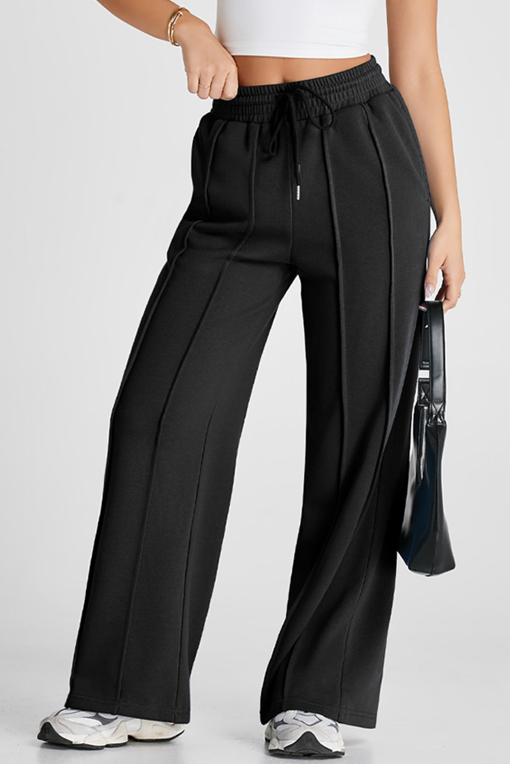 Gray Seamed Drawstring High Waist Wide Leg Sweatpants 557548ac3937dae0