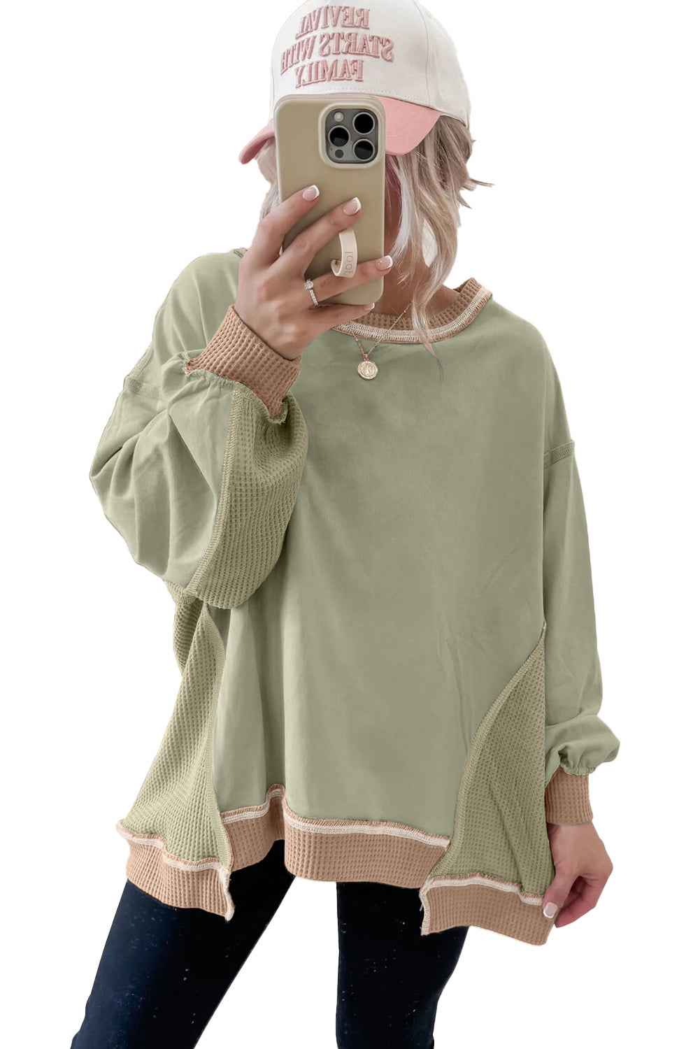 Smoke Green Colorblock Waffle Patchwork Oversize Sweatshirt 5576e95a66a231e4