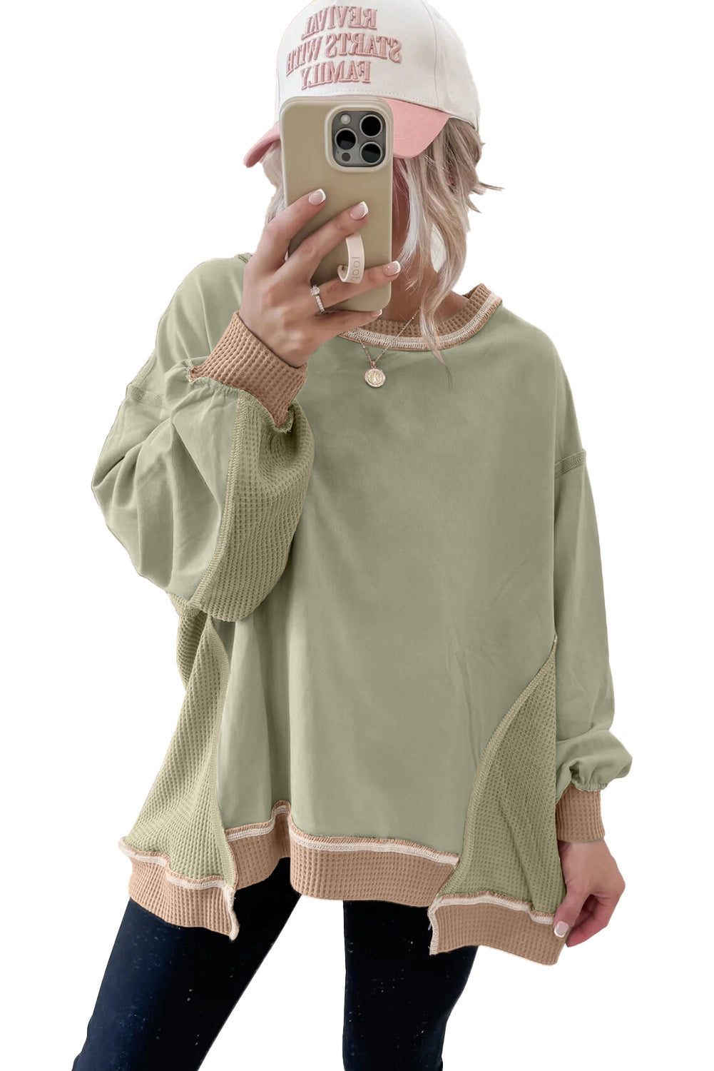 Smoke Green Colorblock Waffle Patchwork Oversize Sweatshirt 5576e95a66a231e4