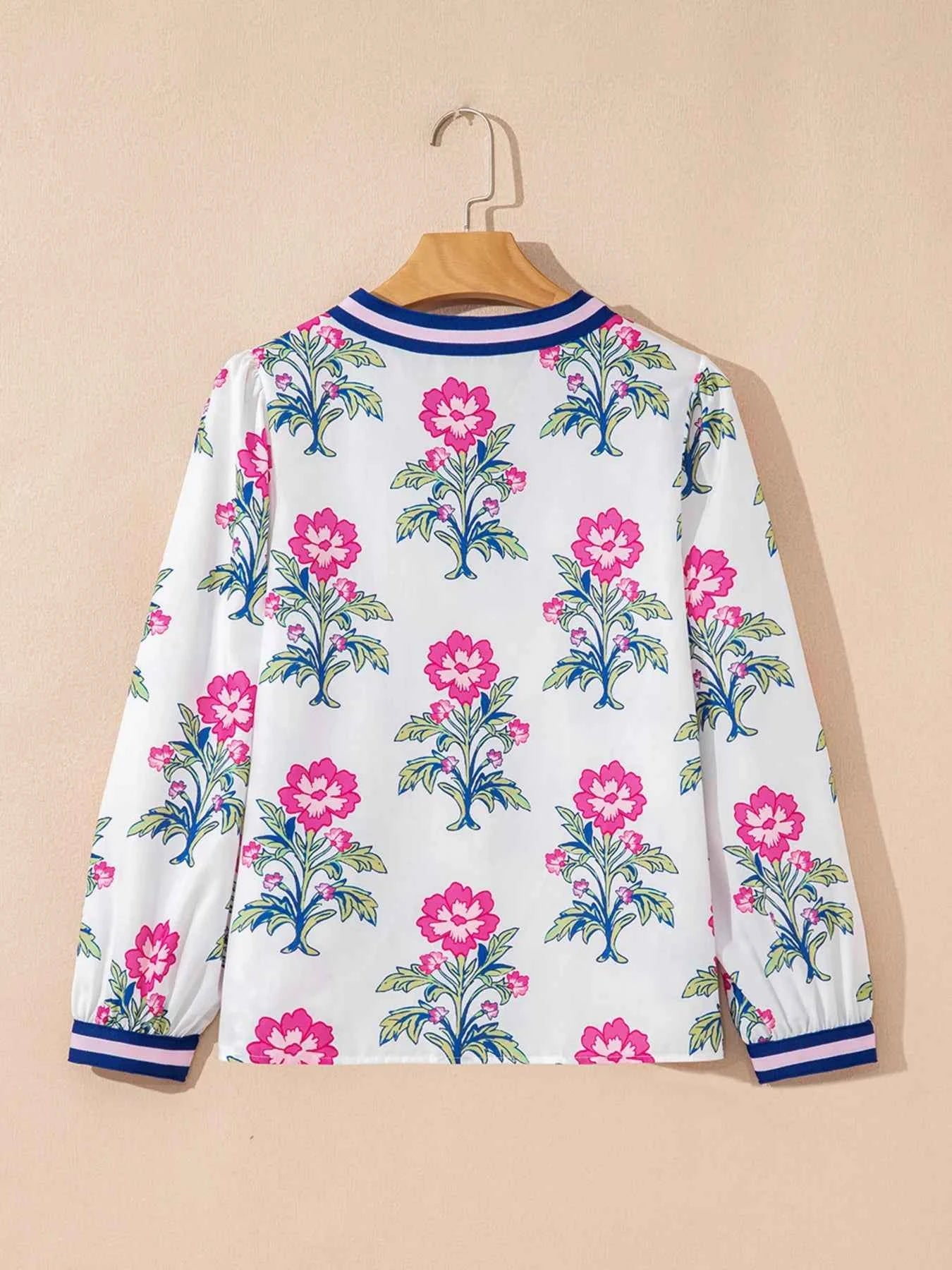 Floral Print Striped V Neck Blouse 557f83e8c40d404bb939abb6adb4b797-Max-Origin