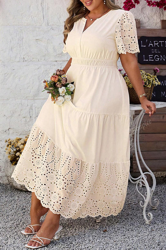 Apricot Plus Size V Neck Lacy Embroidery Patchwork Short Sleeve Maxi Dress 5580ecc78d0b31fb