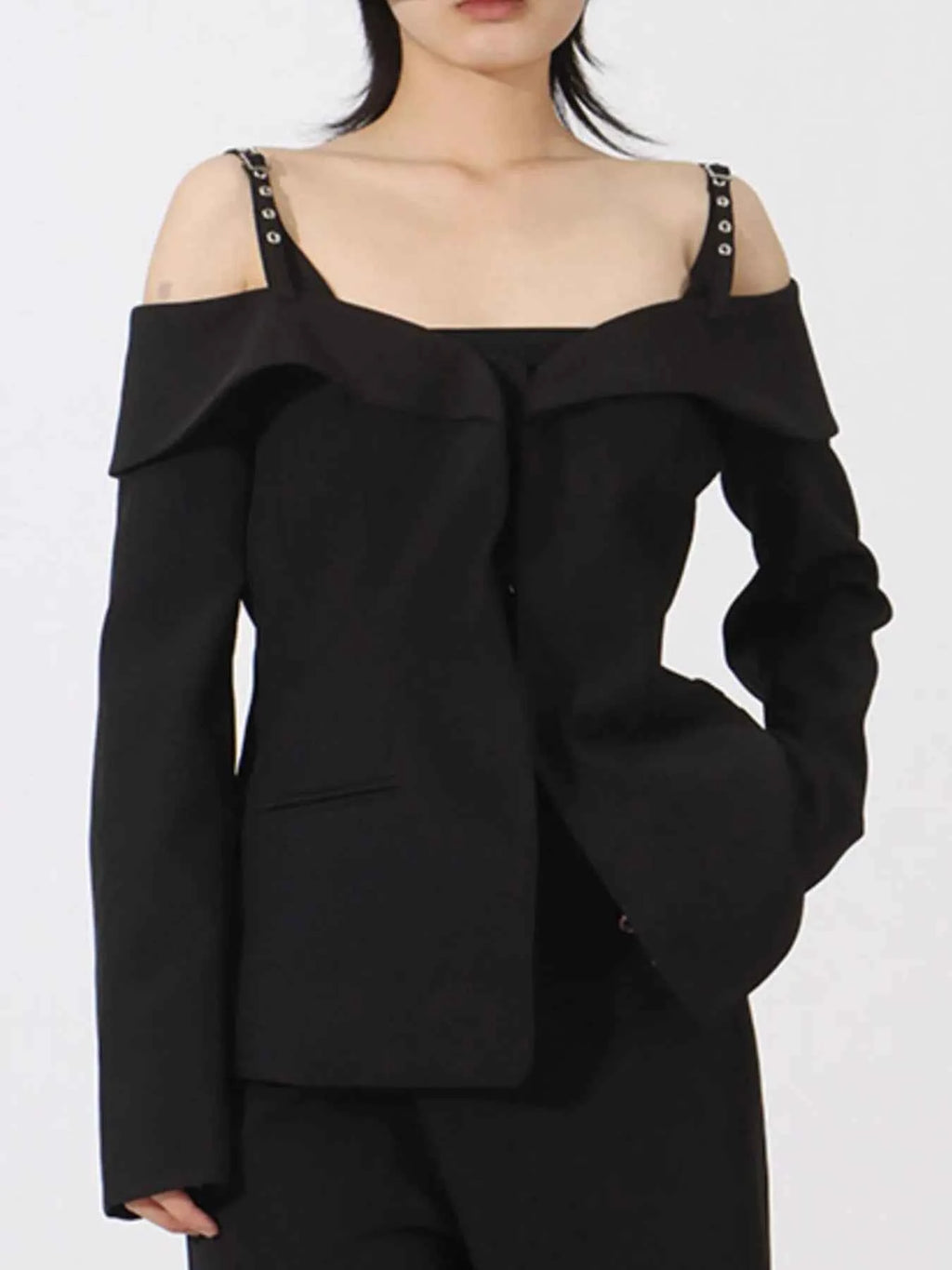 Ruffled Cold Shoulder Long Sleeve Outerwear Black 5583844b-4582-4bdc-9524-064c0afd52fc-Max-Origin