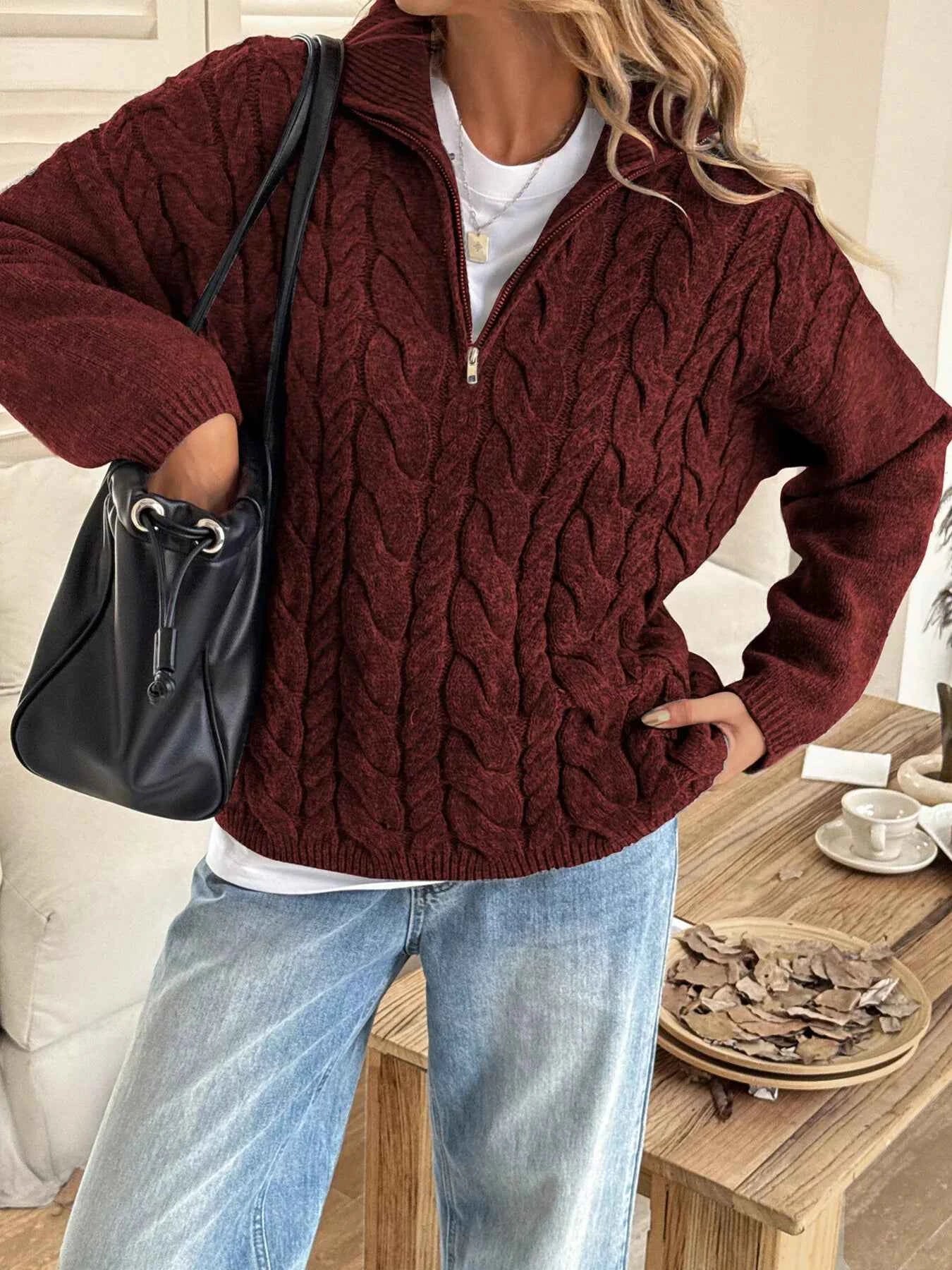 Zip Collar Cable-Knit Sweater 55871b9036cd446ba5c7f35160389ac0-Max-Origin