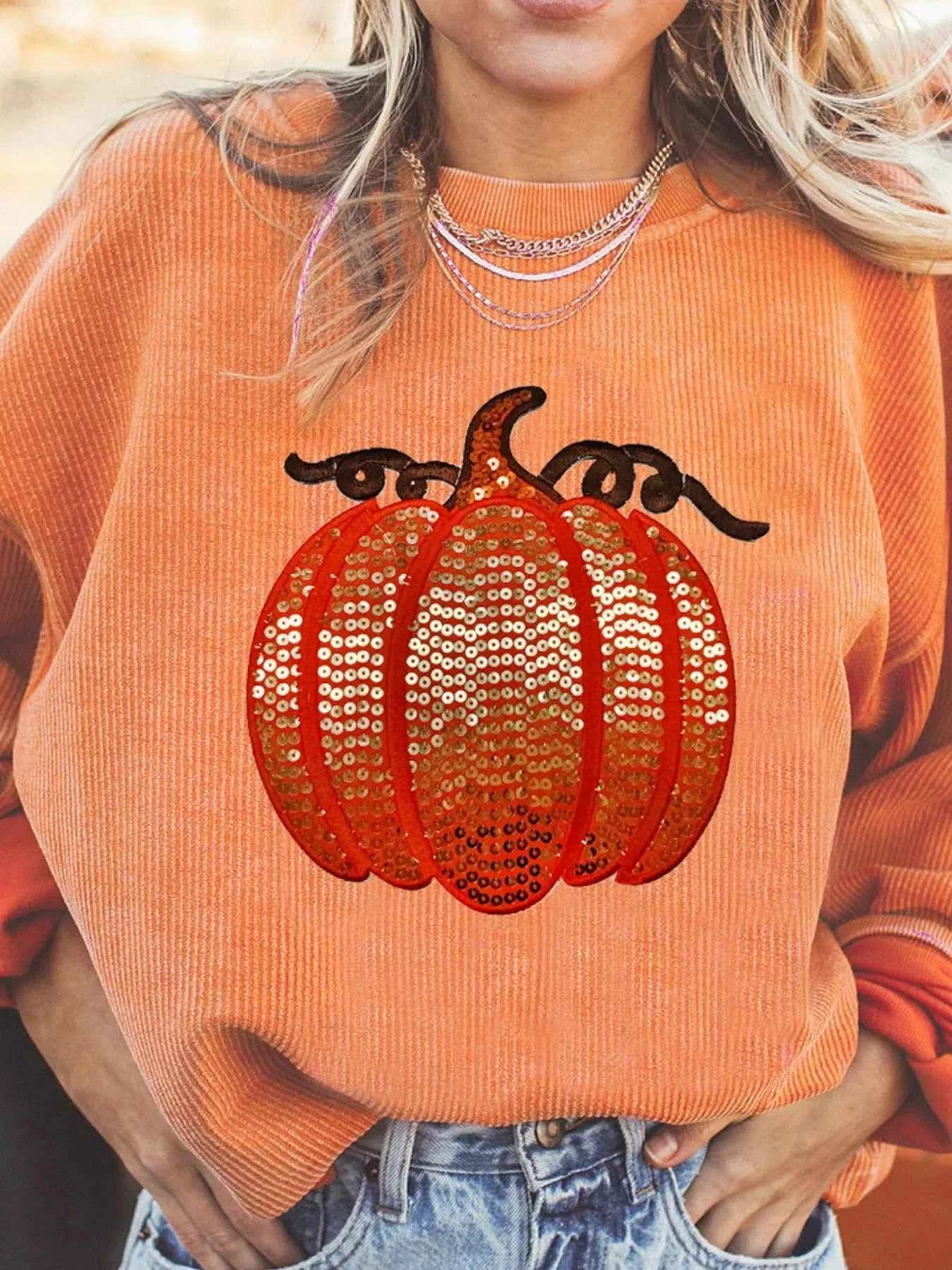 Halloween Sequined Pumpkin Ribbed Round Neck Sweatshirt Tangerine 55893cdc-55de-4b00-afc7-5372b214c6fa-Max-Origin