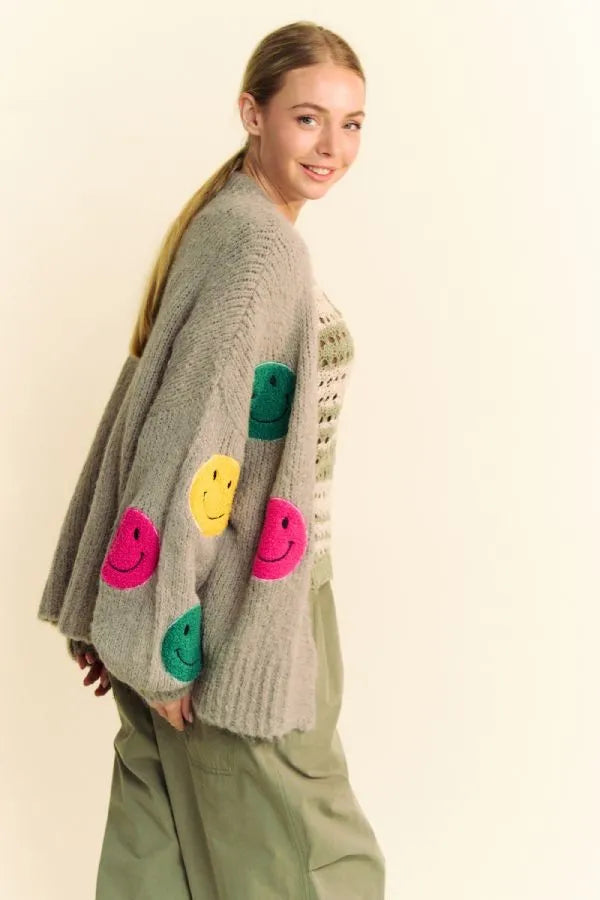 Davi & Dani Fuzzy Smile Open Front Long Sleeve Cardigan 558aa0db-e130-4ef8-8d82-73146793a253-Max