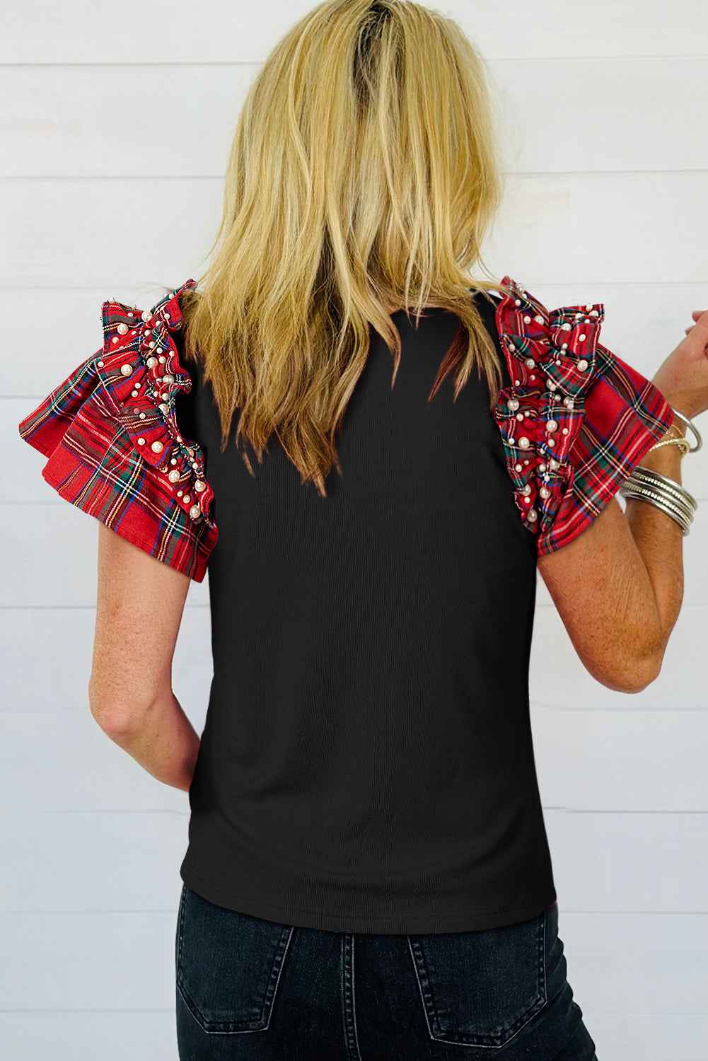 Racing Red Pearl Plaid Ruffle Sleeve Loose T Shirt 5592068fd4d02eee