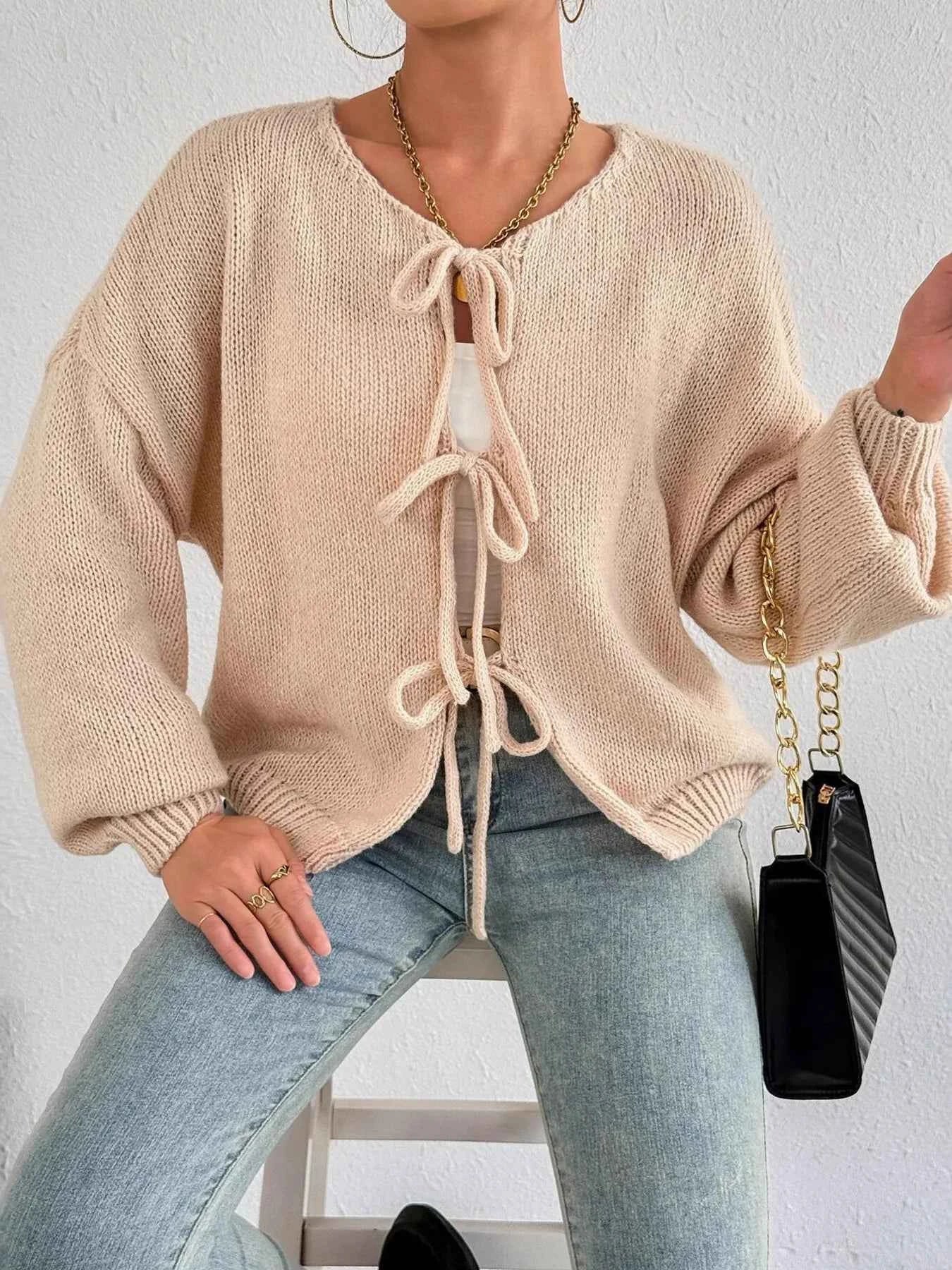 Cozy Bow-Tie Front Knit Cardigan