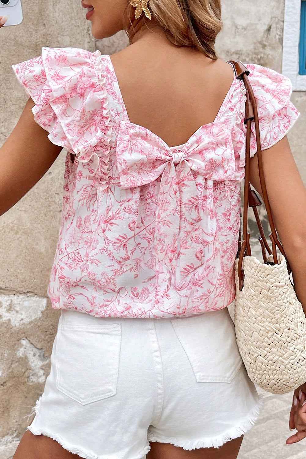Sky Blue Floral Ruffle Short Sleeve Bow Back Blouse Pink 5592ff4ba4821da0