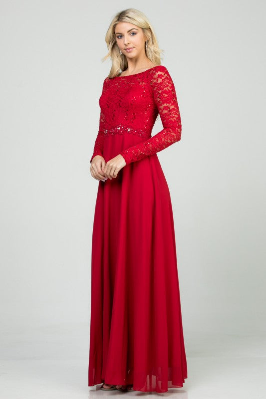 Women’s Long Sleeve Lace Evening Gown – A-Line Chiffon Maxi Dress 559399d2-fc71-4db3-bc30-1df025d156f8