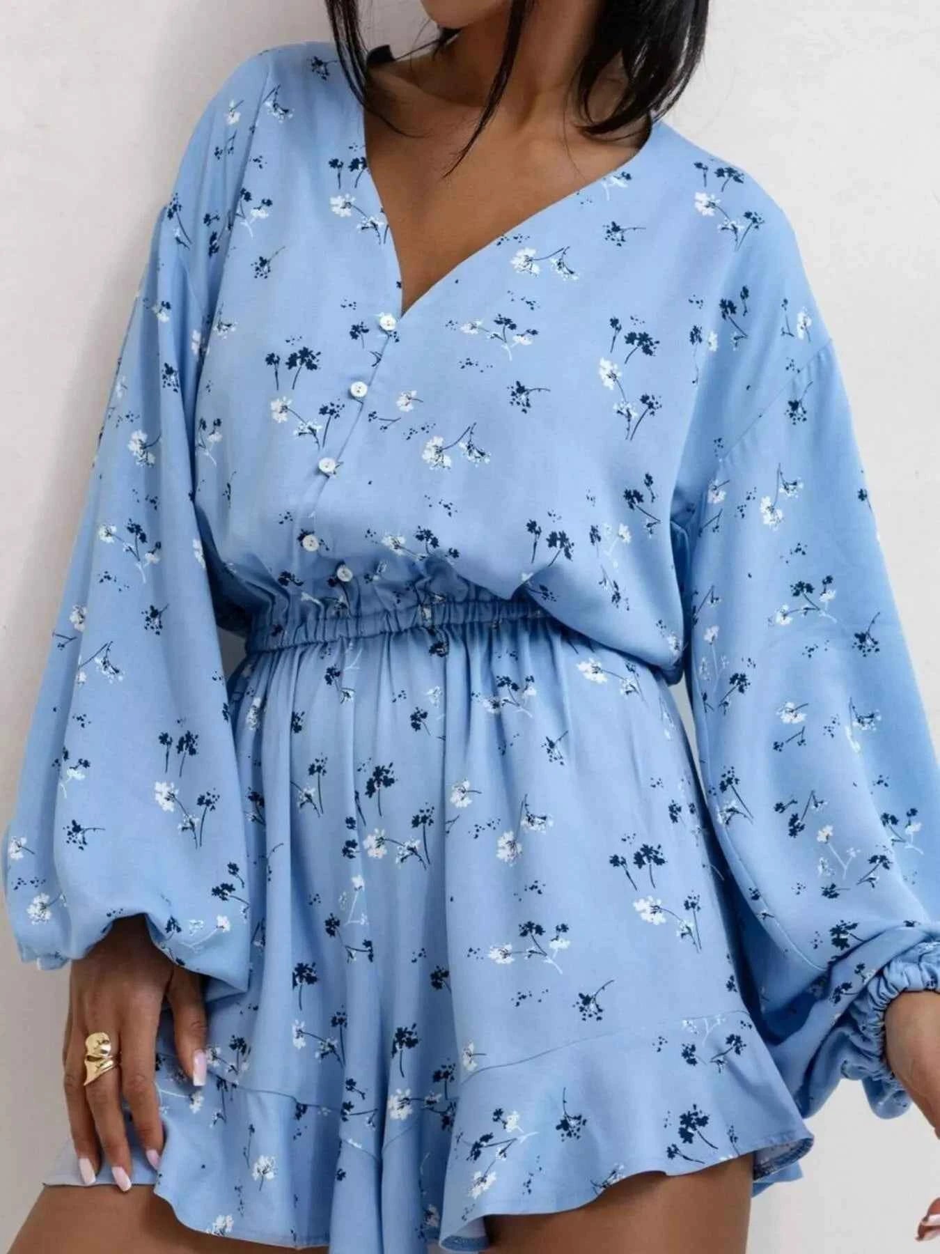 Floral V-Neck Long Sleeve Romper with Elastic Waist Blue 55945f66eb6c4adf95b4e423a4a62cac-Max-Origin