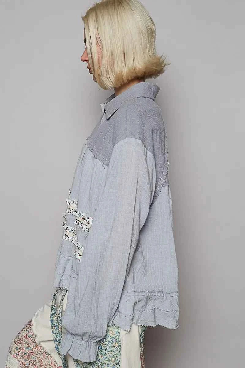 POL Button Down Floral Trim Ruffle Washed Shacket 5597671f-8403-4b44-8e77-94f6efa67589-Max-Origin