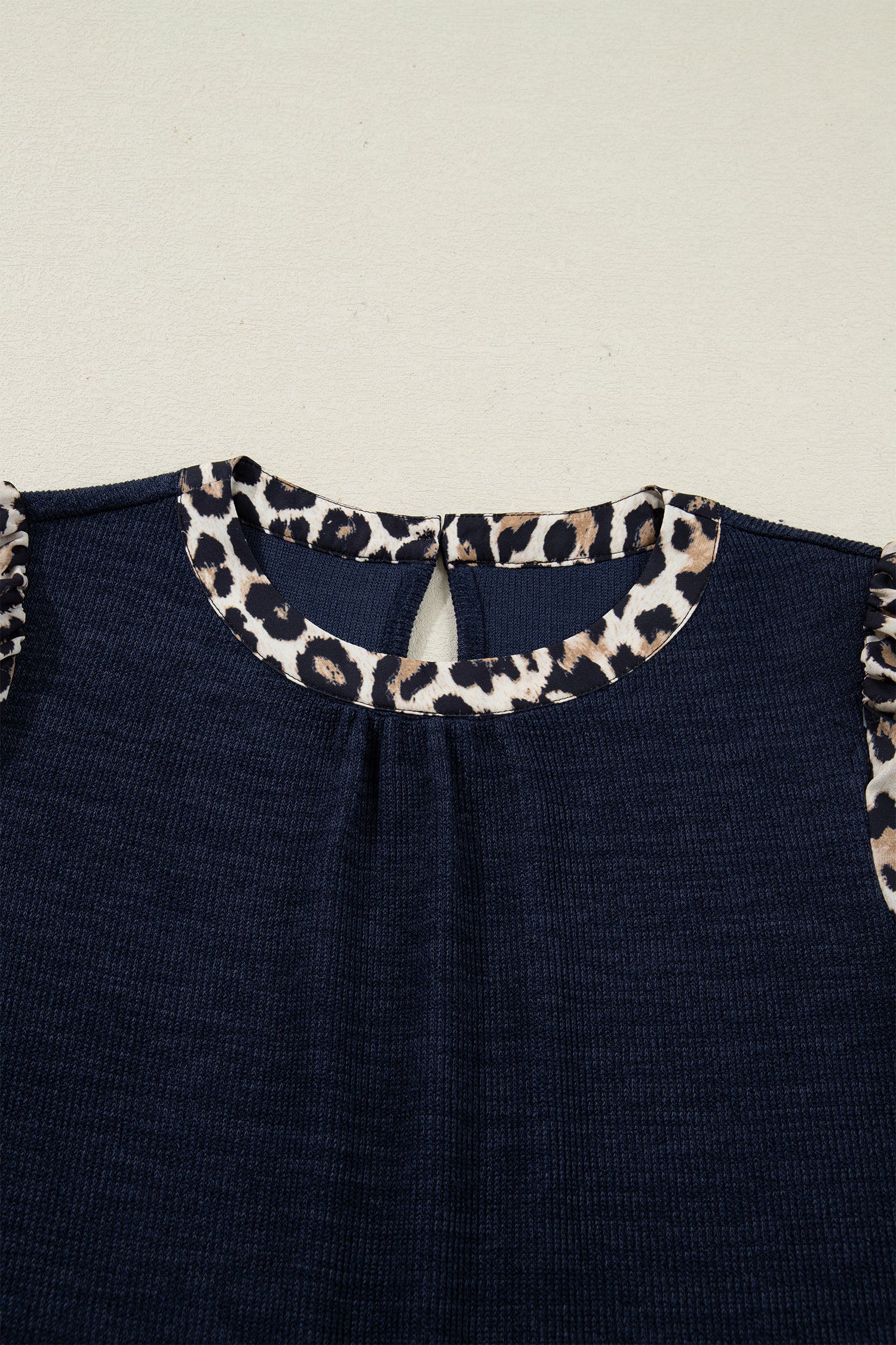 Navy Blue Ribbed Contrast Leopard Patchwork Short Sleeve Top 559f2c1fb6dd2399