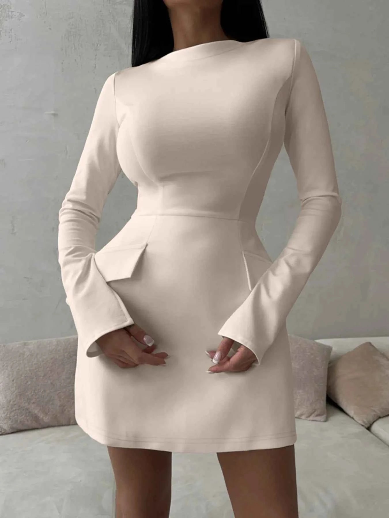 Long Sleeve Bodycon Mini Dress with Pockets Tan 559f726e-2a85-45db-a7fc-dcd7c1eb9711-Max-Origin