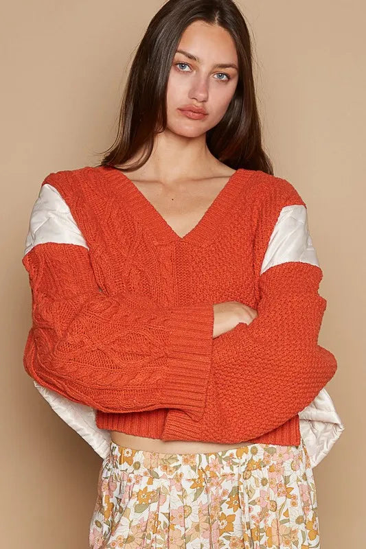 Cable Knit Quilting Patch V-Neck Contrast Sweater 55a21a72-5ace-49c8-983e-0338ec7b5971-Max