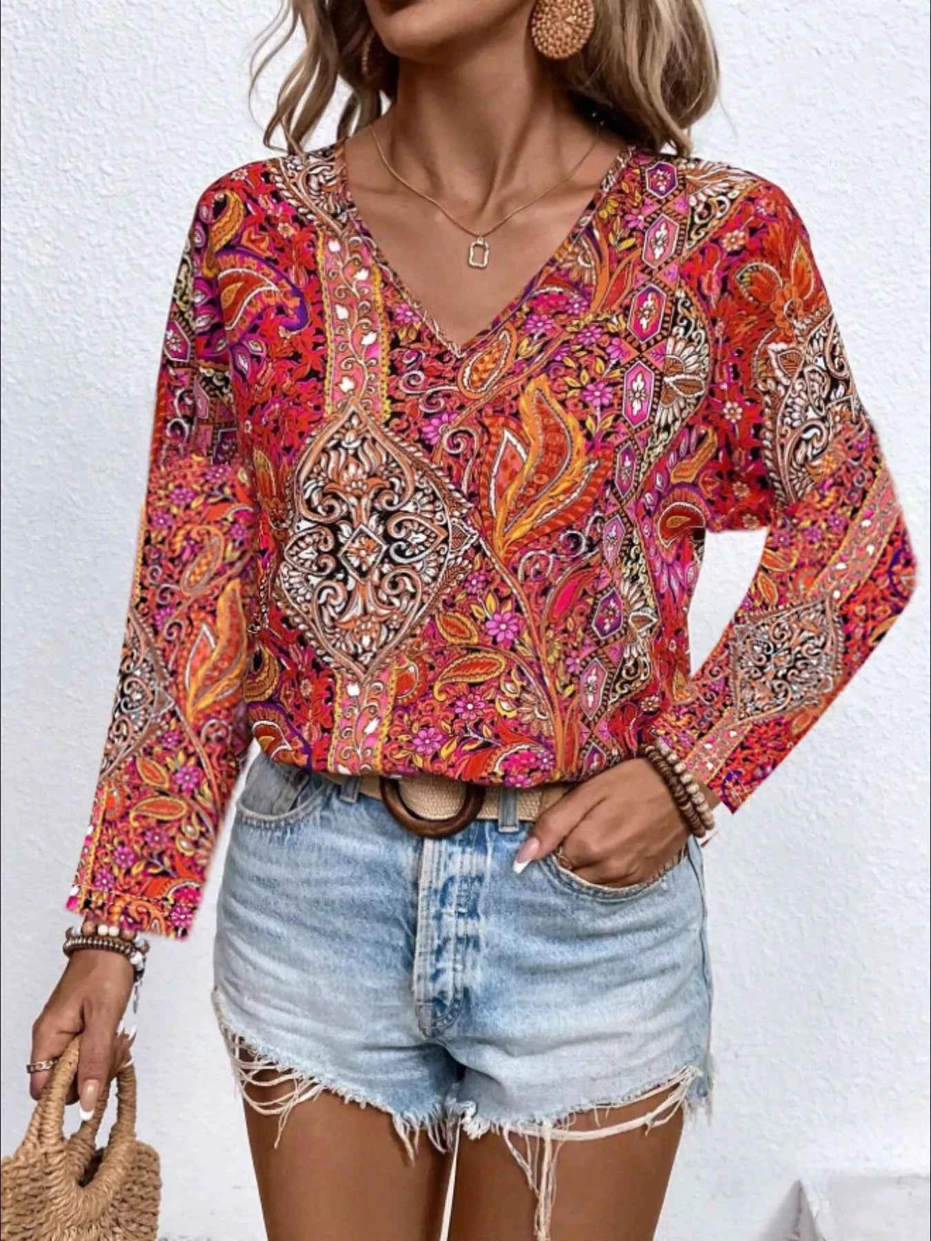 Printed V-Neck Long Sleeve Blouse Rust 55a55c70-3076-40b8-8e93-007b137302b3-Max-Origin