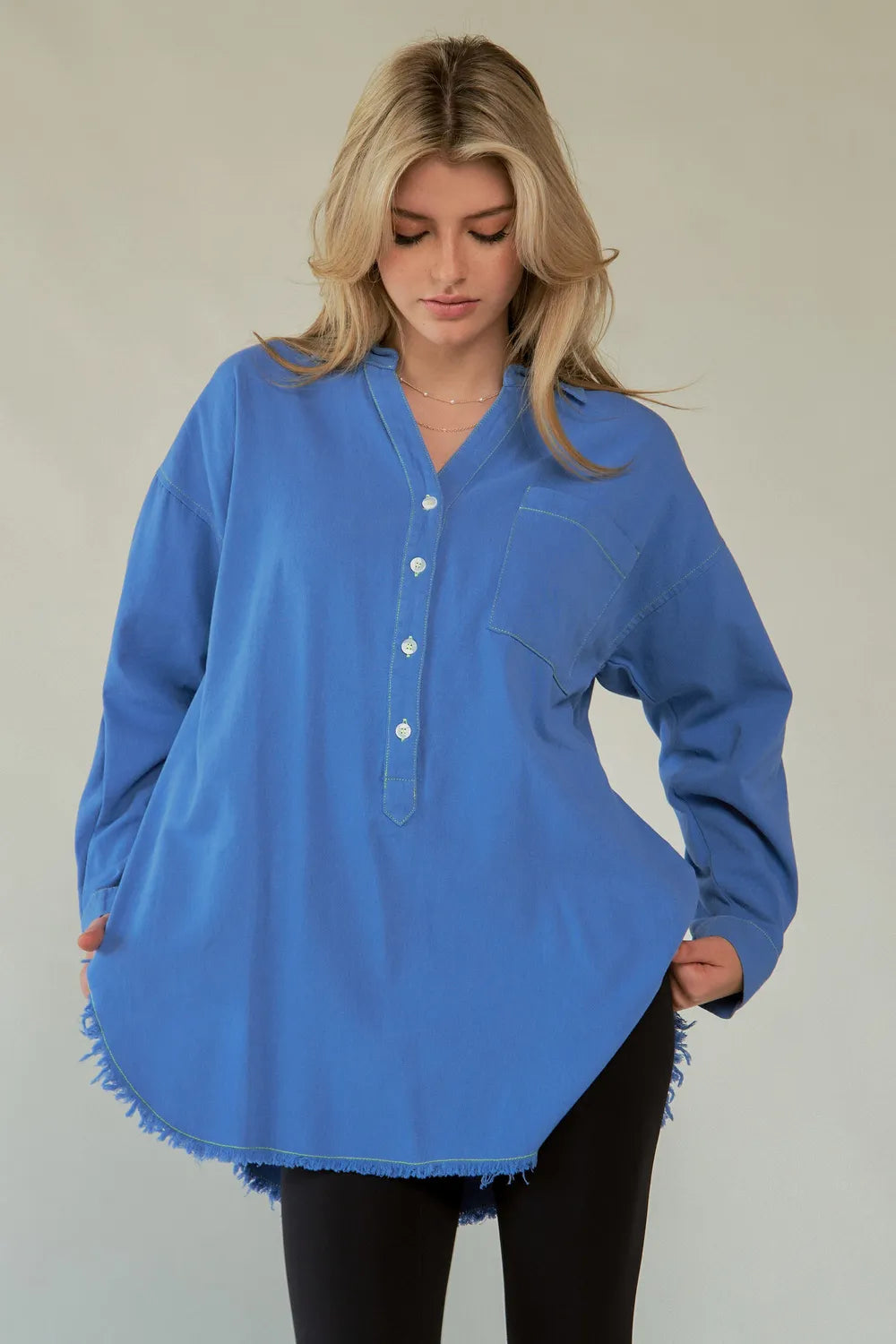 Davi & Dani Letter Back Raw Hem Half Button Shirt 55ab7ffe-fe68-4c0d-a7f7-3e41151ebb72-Max