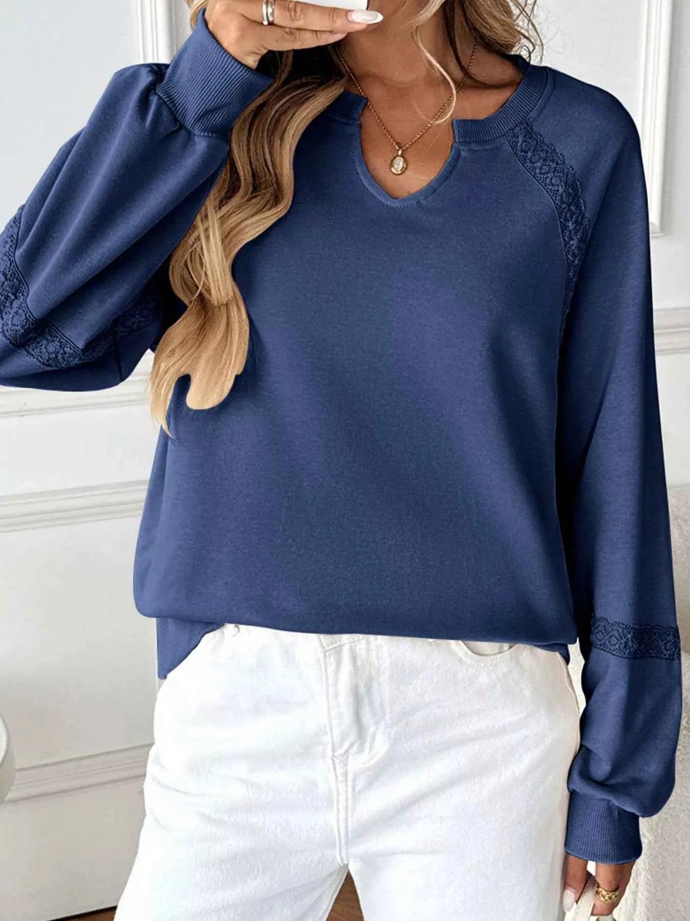 Notched Raglan Sleeve Sweatshirt Dark Blue 55ad2aa4-44ee-4b40-89c1-f8338c03bce6-Max-Origin