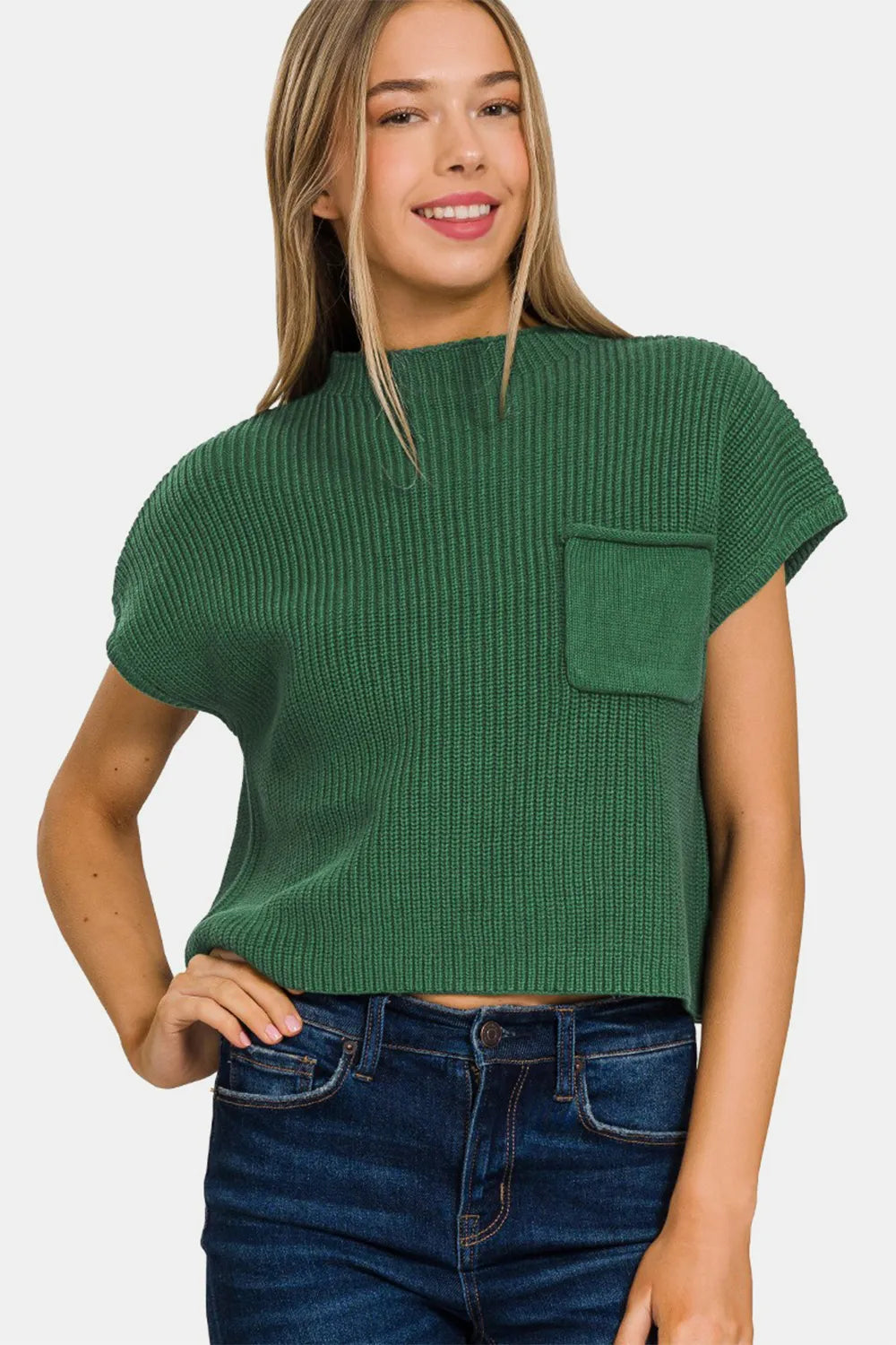 Zenana Mock Neck Short Sleeve Cropped Sweater DK GREEN 55af3238-d9f7-483a-bf64-88fb9c88be23-Max
