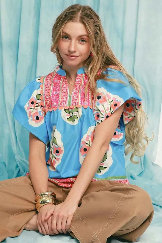 Umgee Floral Notched Puff Sleeve Blouse Sky Blue 55b4155c-4069-4be2-9f85-734833125afa-Max-Origin