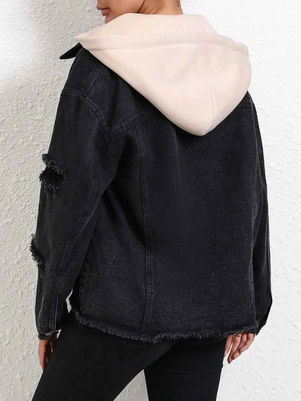 Distressed Drawstring Button Up Hooded Denim Jacket 55b42d3e44004bb19a231a8a0386b689-Max-Origin