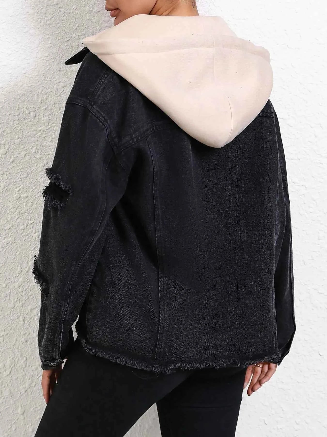 Distressed Drawstring Button Up Hooded Denim Jacket 55b42d3e44004bb19a231a8a0386b689-Max-Origin