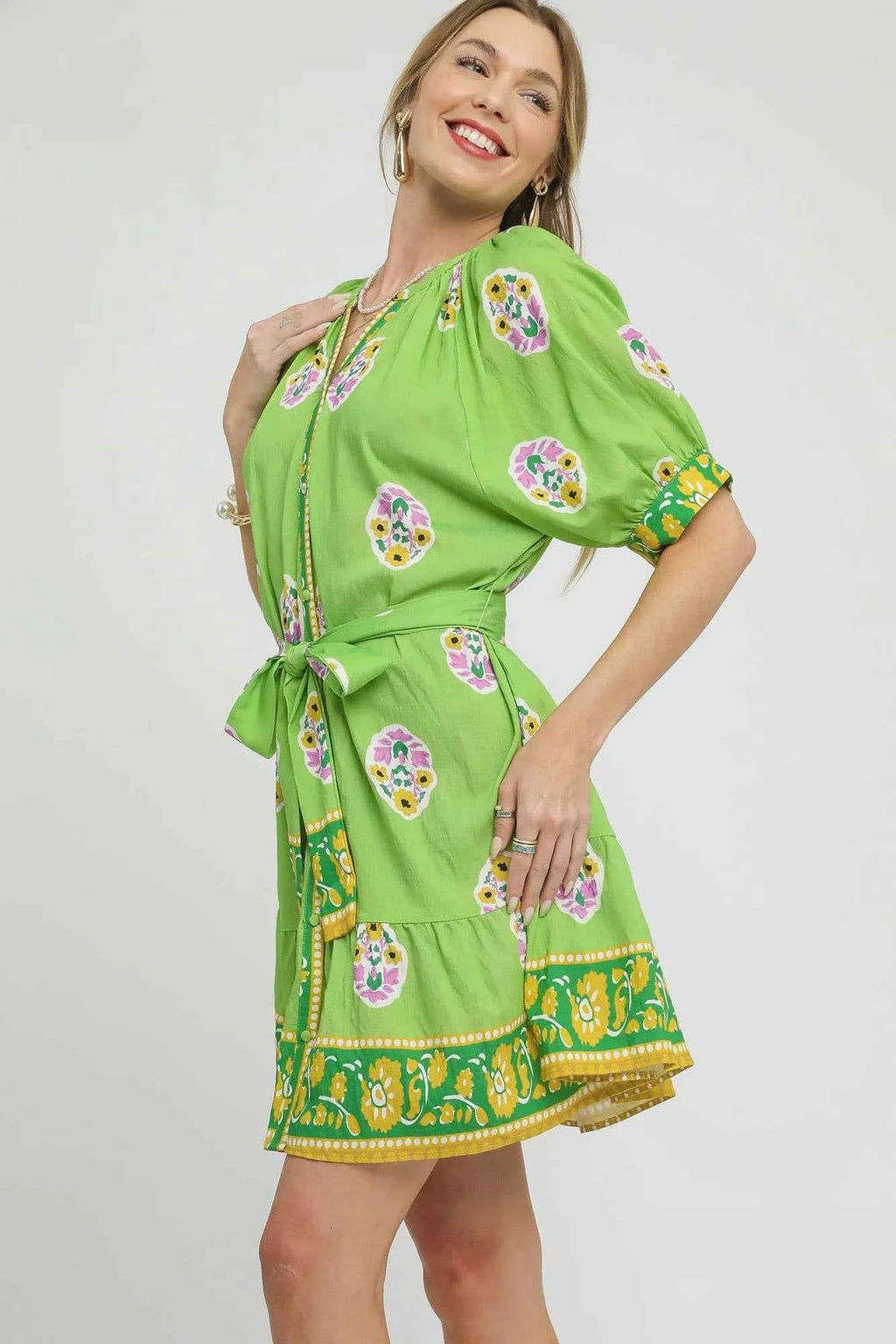 Umgee Floral Print Tie Waist Short Sleeve Dress 55be1a3d-ddbf-49e3-86d5-449a77184538-Max-Origin