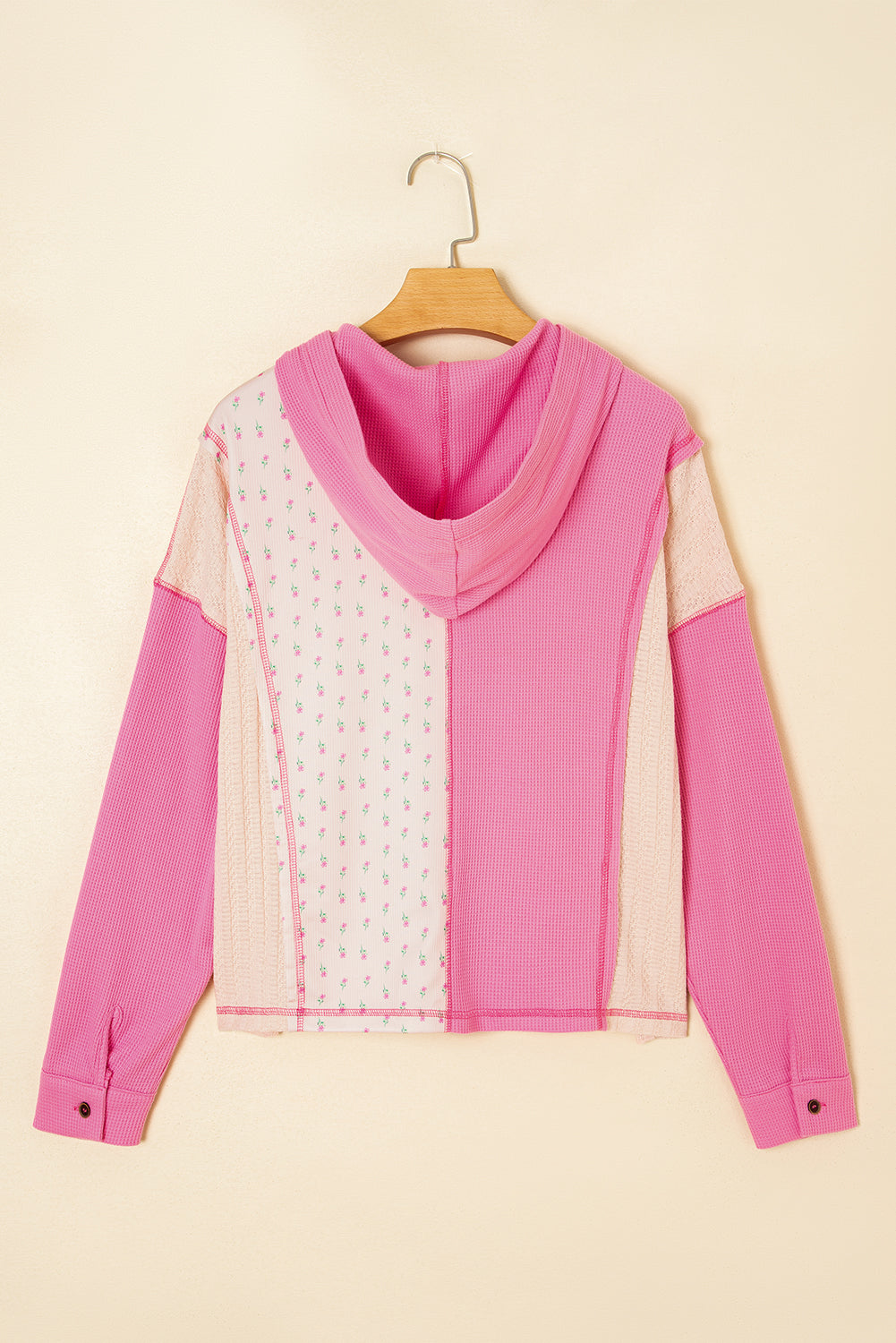 Pink Mixed Texture Waffle Floral Patchwork Hooded Oversized Pullover Top 55bfa1bad501d769