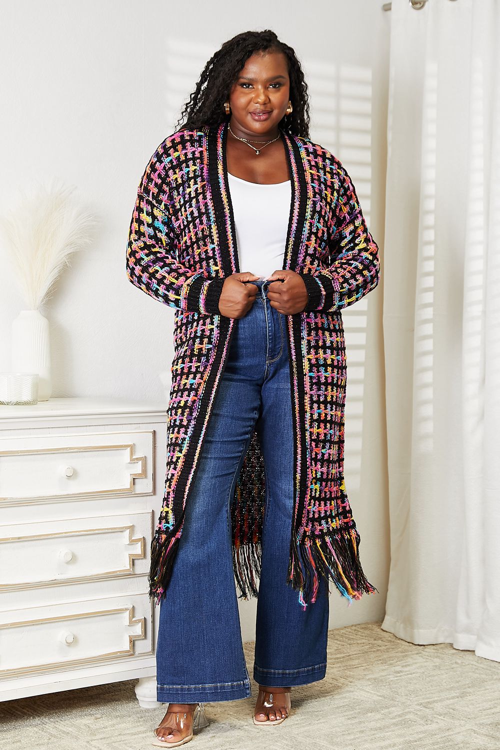 Angel Wings Full Size Multicolored Open Front Fringe Hem Cardigan 55c8c7cb6f46409f96a823da34493ce1-Max
