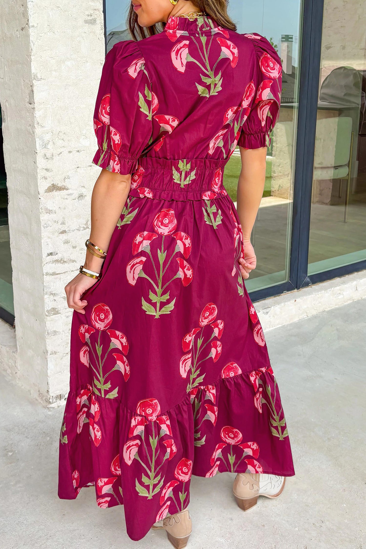 Red Floral Print Frilled V Neck Short Sleeve Ruffle Maxi Dress 55cb63663c2949f3