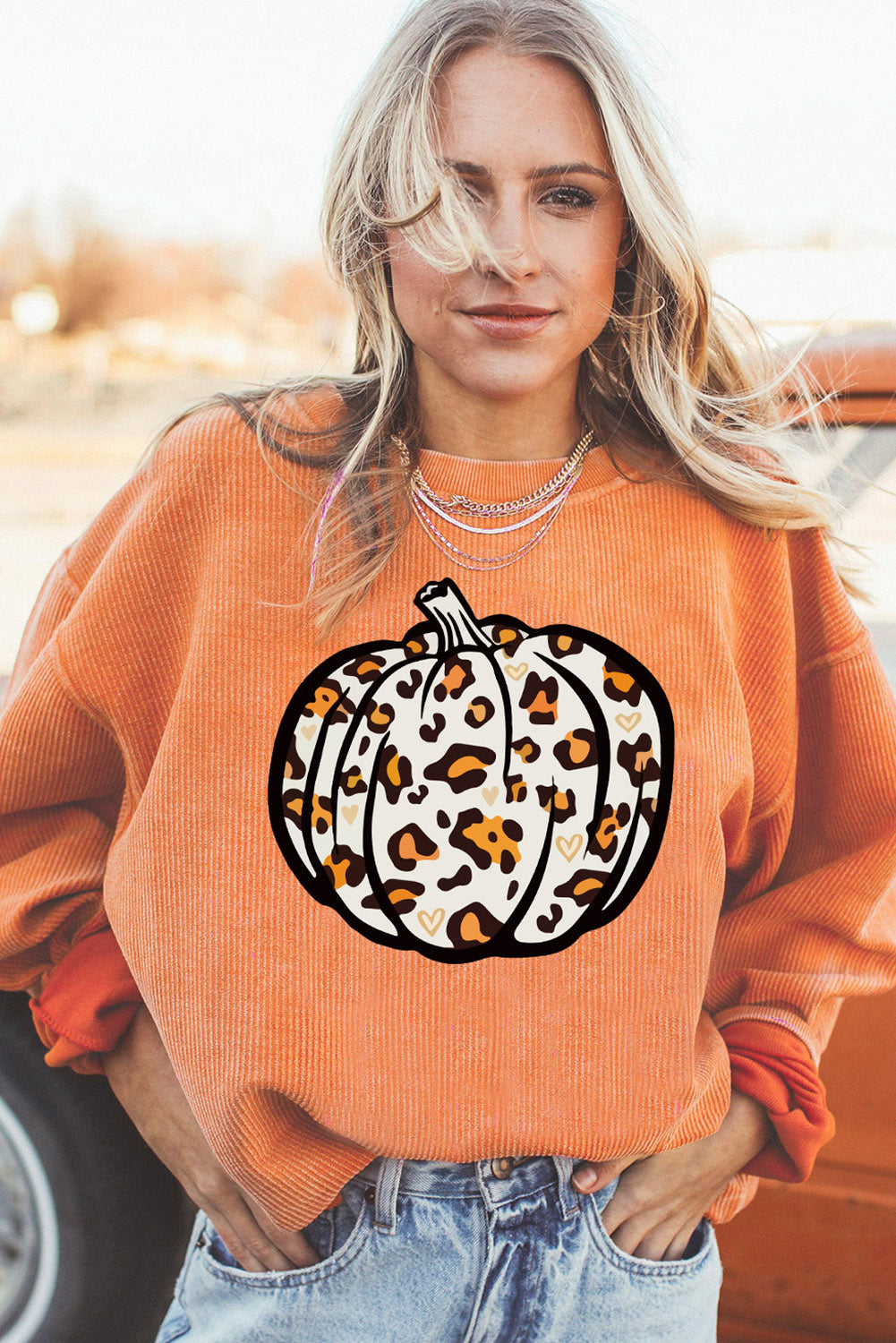 Orange Leopard Pumpkin Graphic Corded Sweatshirt 55ccefd46ee80aec