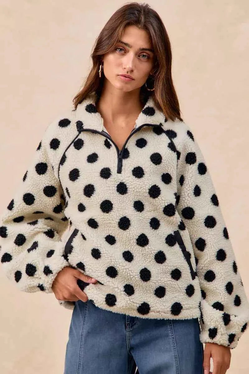 Polka Dot Sherpa Half Zip Up Top with Side Pocket 55d0b4a5-90c7-480d-86fc-b9e38928b847-Max-Origin