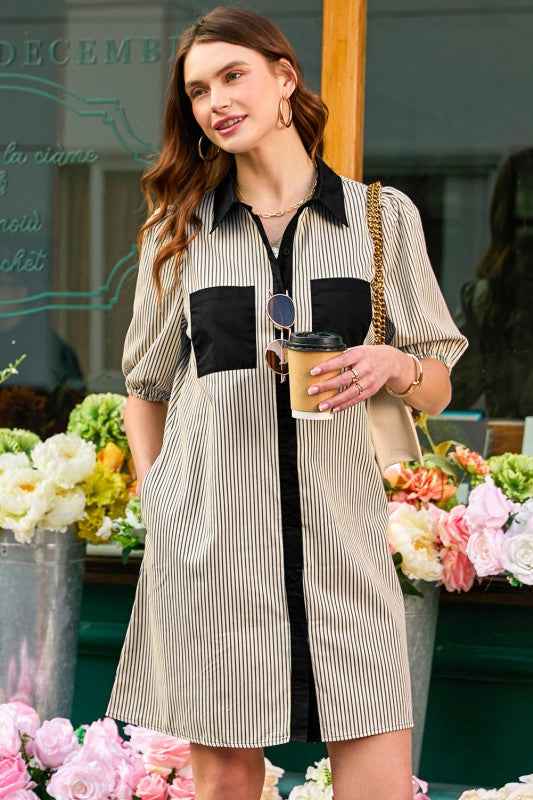 Stripe Patchwork Chest Pocket Mini Shirt Dress 55da5ff3-5c07-4c15-9bc2-39f10e12d46f