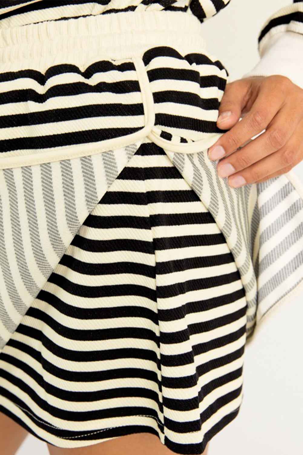 Black Stripe Textured Drop Shoulder Pullover Top Drawstring Mini Skirt Two Piece Dress Set 55dcb5e2a71b472b