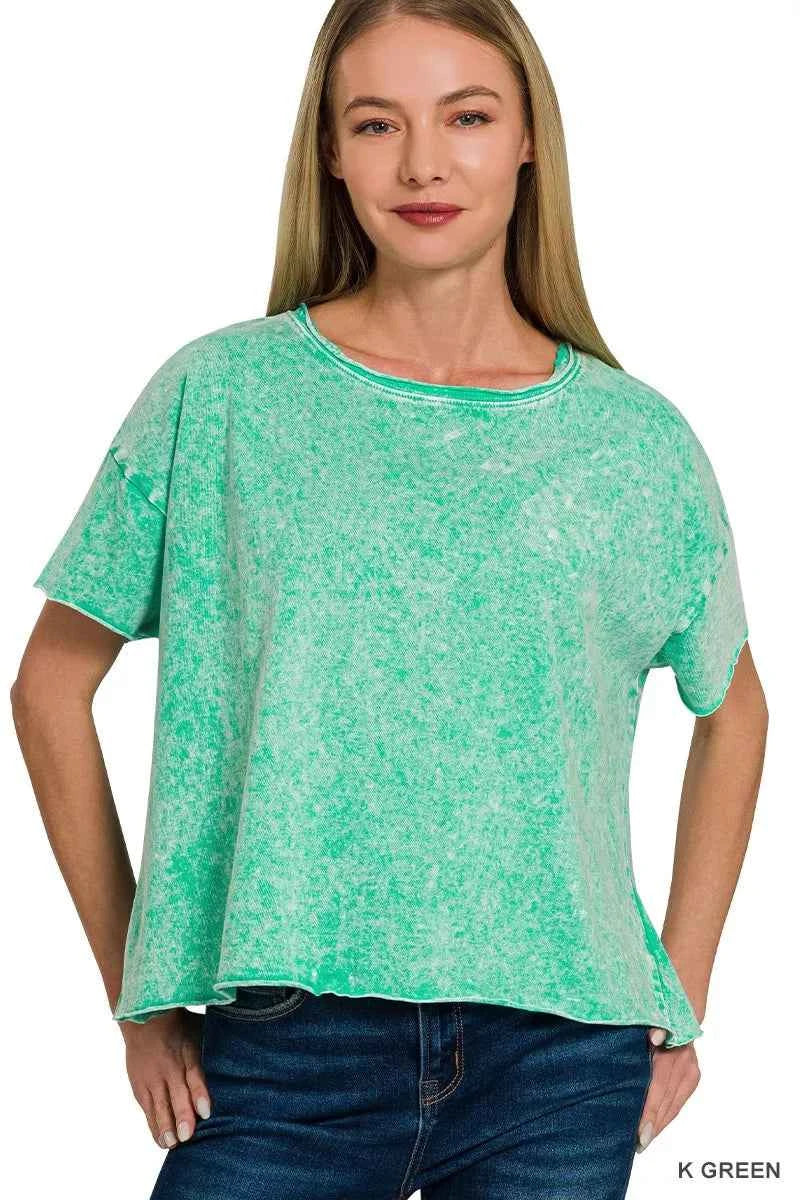 Zenana Halo Washed Cotton Short Sleeve Top K GREEN 55e17787f2a44b4baadeb44514946107-Max-Origin
