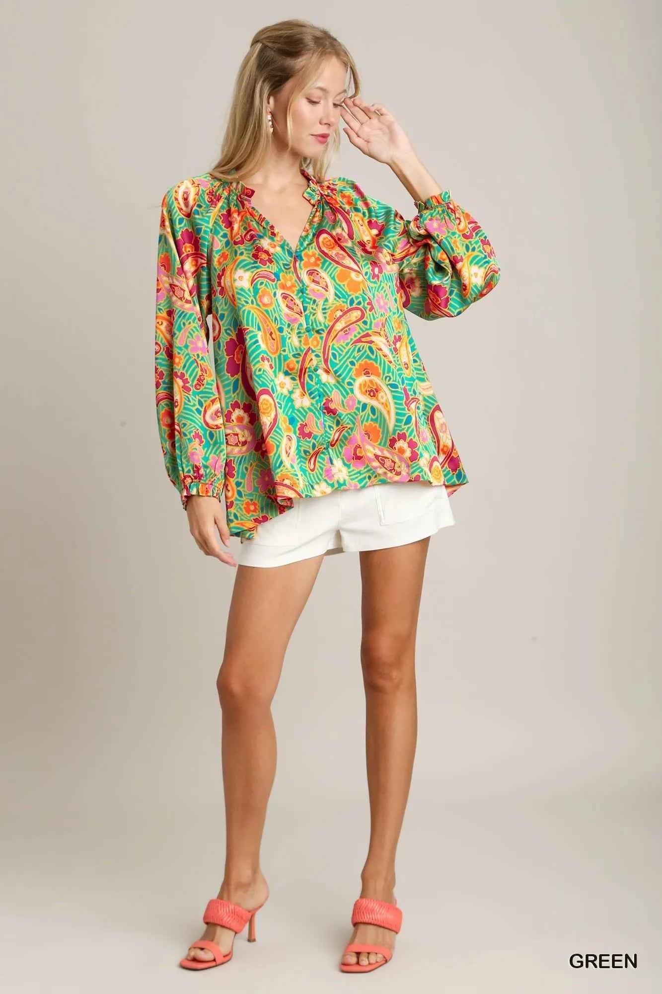 Satin Paisley Ruffle Neck Button-Up Shirt 55e92f84-c118-4bc8-8553-ee38ddde68b0-Max-Origin