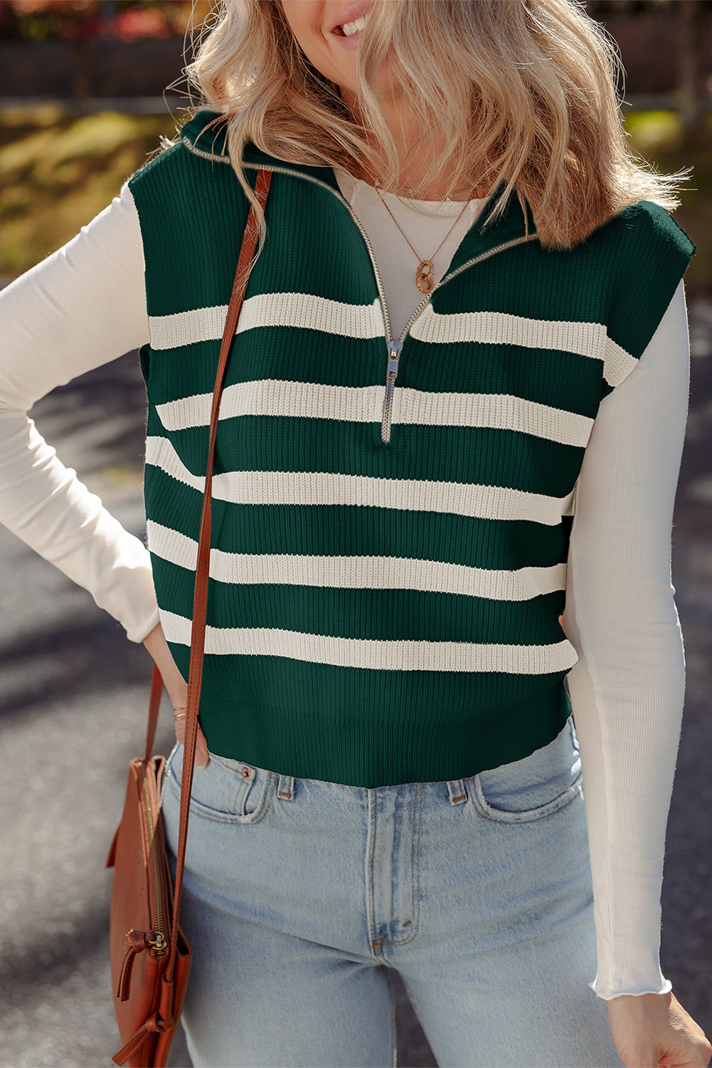 Blackish Green Ribbed Half Zip Collared Sweater Vest 55ee30a721b5539d