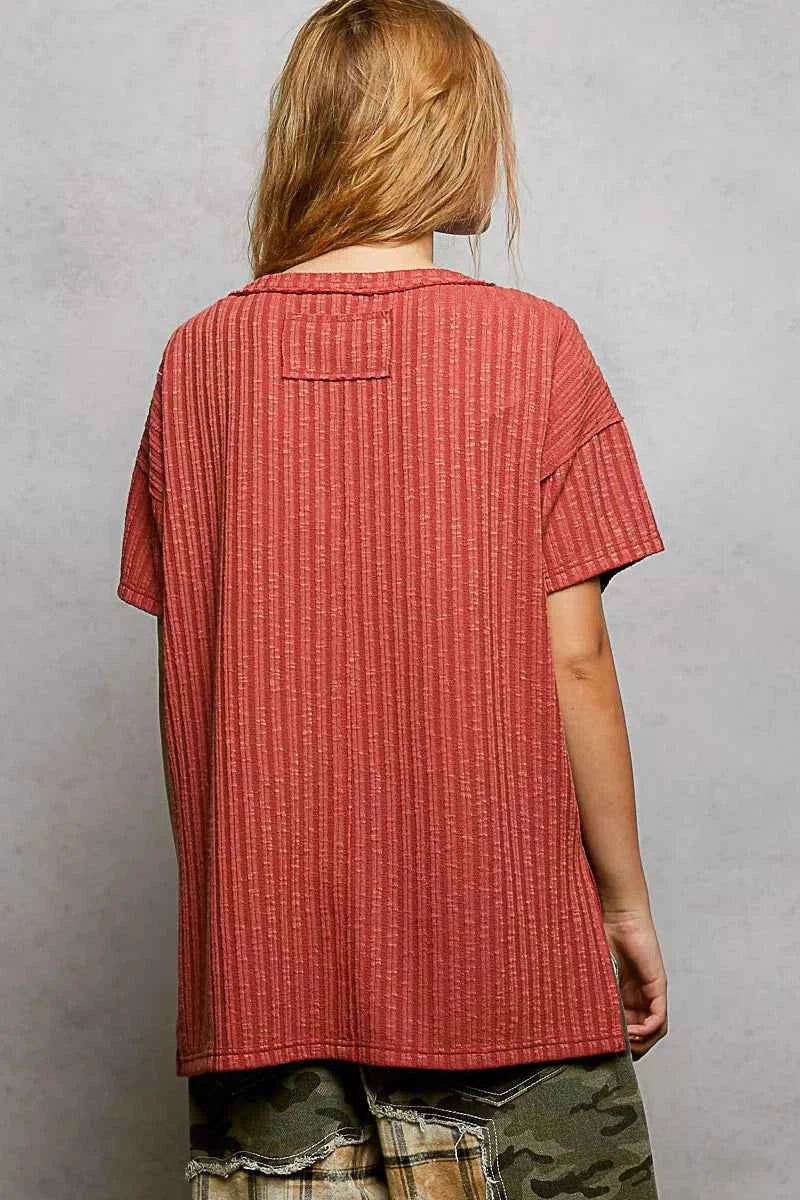 POL Ribbed Knit V-Neck Short Sleeve T-Shirt with Side Slit 55f0b0bb-de50-4eef-a9a9-e684d17bb03d-Max-Origin