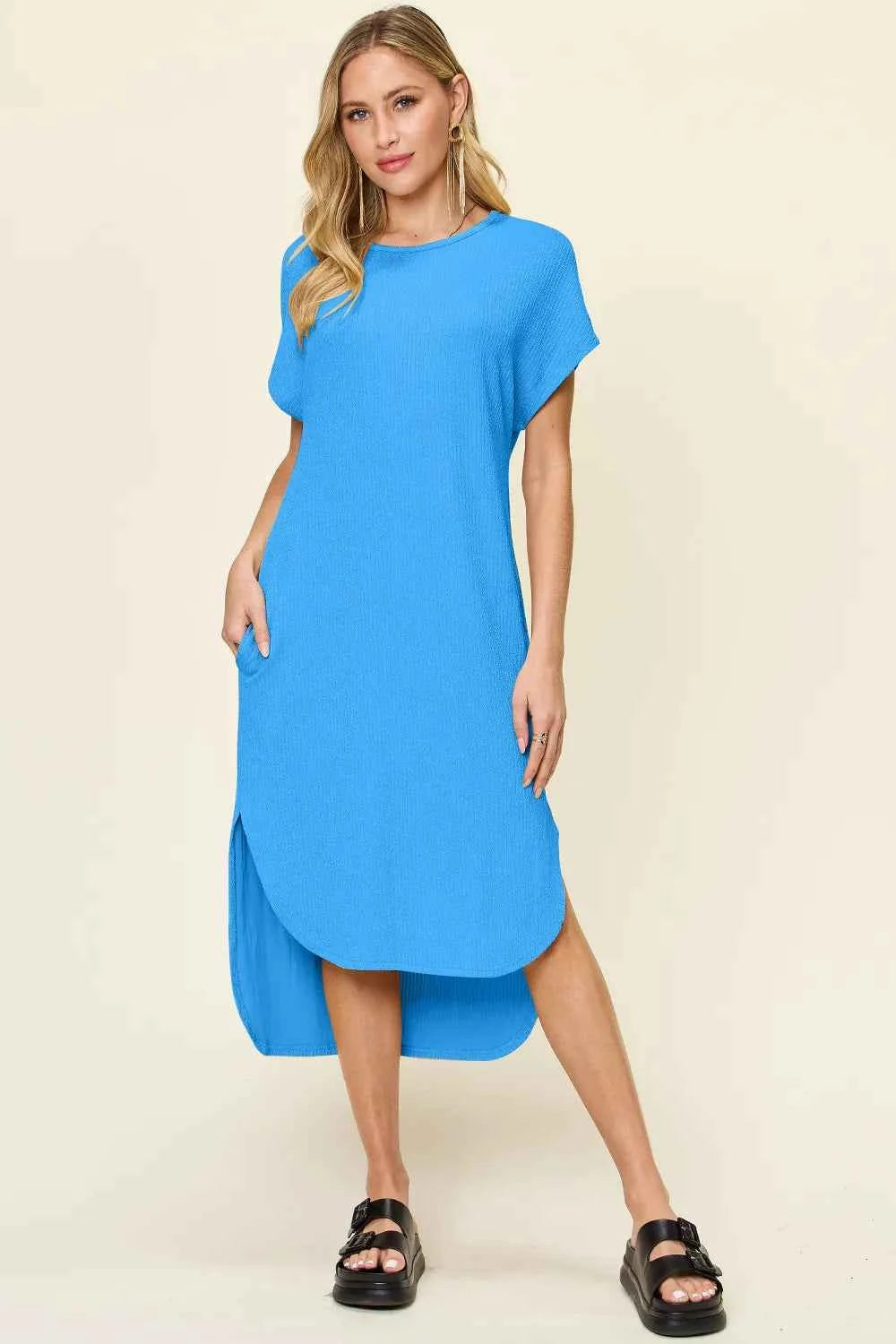 Double Take Full Size Round Neck Short Sleeve Slit Dress Sky Blue 55f358de-3ff7-44b9-926a-b9648e35c6c3-Max
